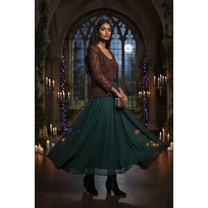 JS Collections‎ Vtg crochet jeweled Cardigan twin Set XL choc brown witchy fairy